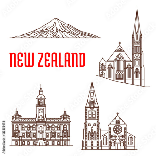 Travel landmarks of New Zealand thin line icon