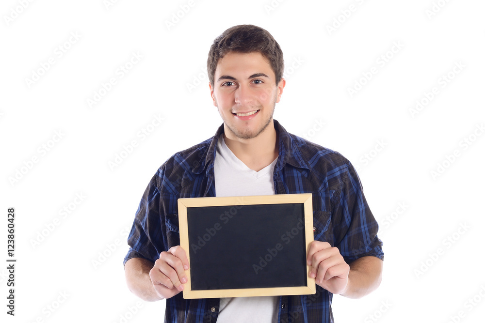 Latin man holding chalkboard. Latin man holding chalkboard.