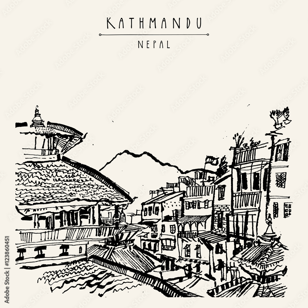 Temples of Durbar square, Himalayan mountains and residential buildings in Kathmandu, Nepal. Above city view. Hand drawn touristic postcard, poster, book illustration Temples of Durbar square, Himalayan mountains and residential buildings in Kathmandu, Nepal. Above city view. Hand drawn touristic postcard, poster, book illustration