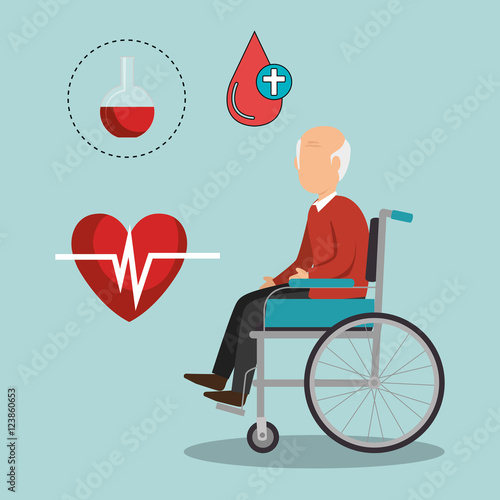 avatar old man on wheelchair with medicine icon set over blue background. vector illustration