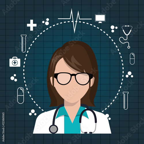 avatar woman medical doctor with stethoscope and medice icon set. colorful design. vector illustration