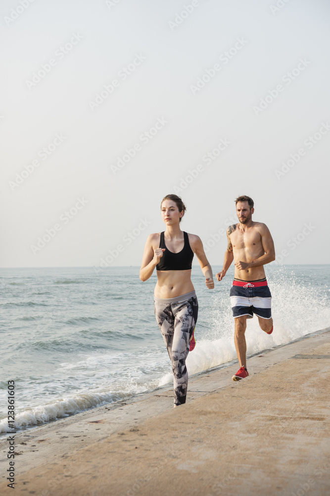 Running Exercise Training Healthy Lifestyle Beach Concept Running Exercise Training Healthy Lifestyle Beach Concept
