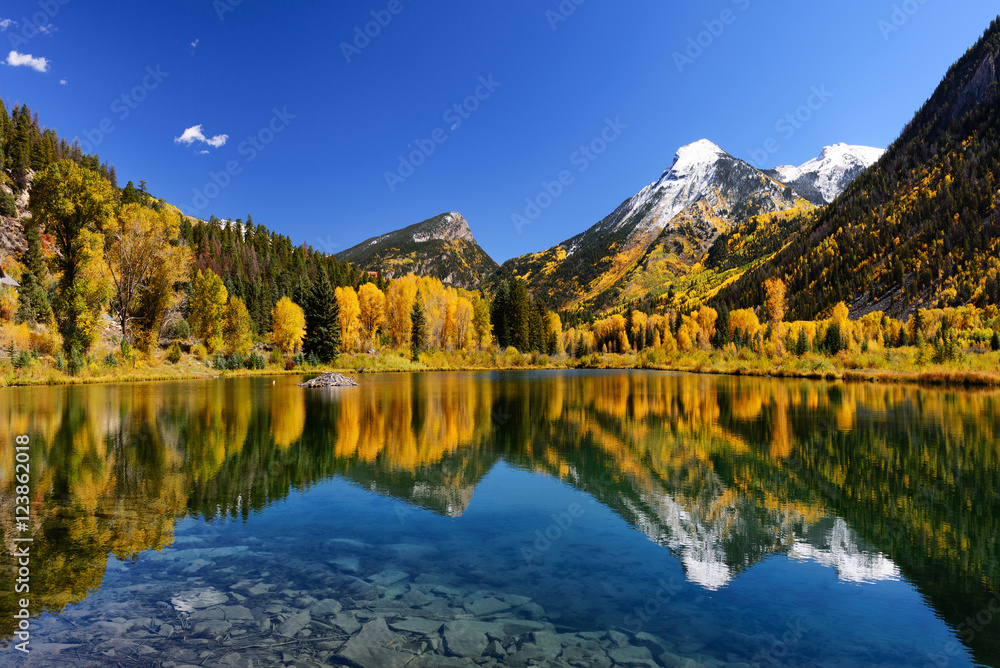 Fall color reflection on clear still lake