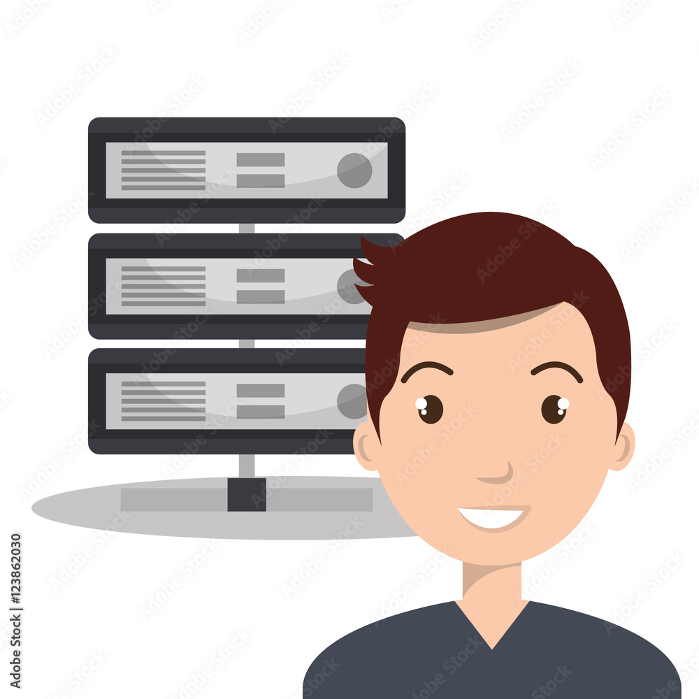 avatar man smiling with data host device icon over white background. vector illustration avatar man smiling with data host device icon over white background. vector illustration