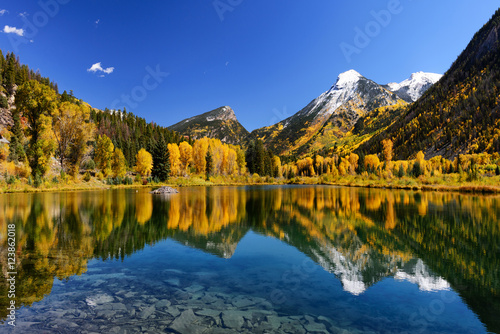 Fall color reflection on clear still lake