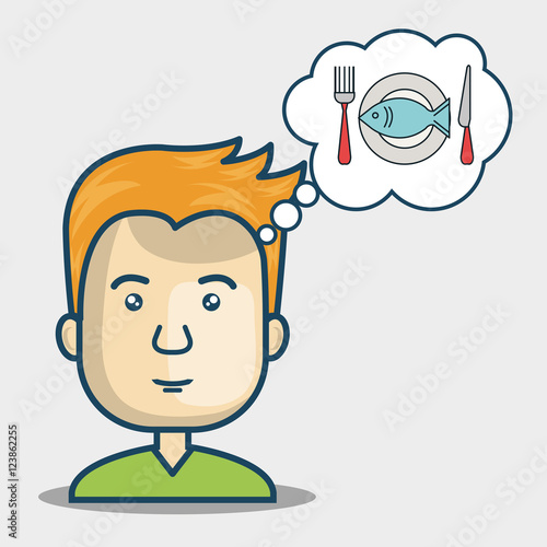 avatar man smiling thinking in fish dish food over background. vector illustration