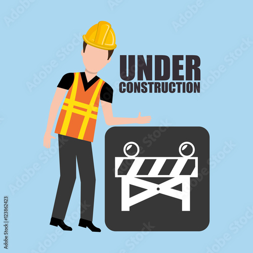 avatar construction worker with yellow helmet safety equipment and barrier over blue background. vector illustration