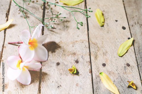 White Frangipani Flower On Old Wooden Table