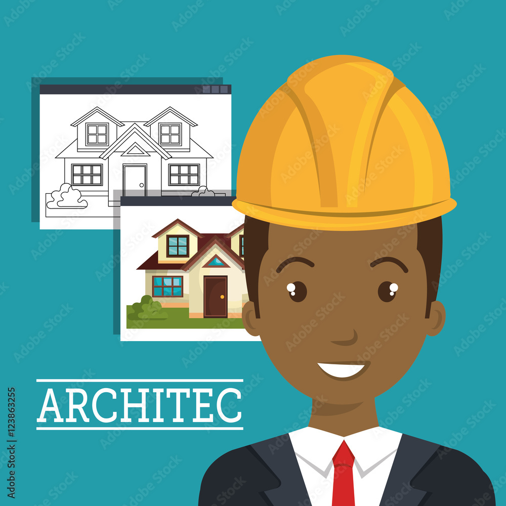 avatar man smiling architect with yellow helmet safety equipment and architecture  construction plans over blue background. vector illustration