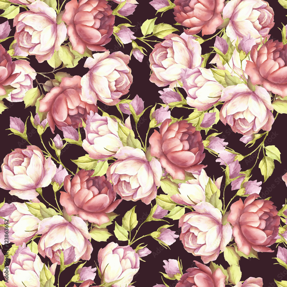Seamless pattern with lush roses. Hand draw watercolor illustration.