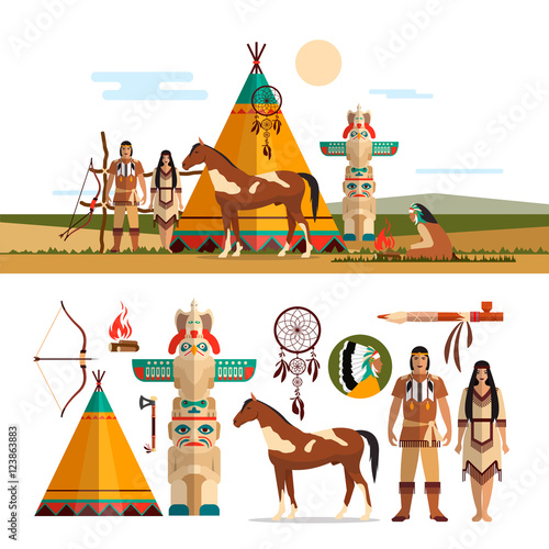 Vector set of American indian tribal objects, icons, design elements in flat style. Totem, fire place