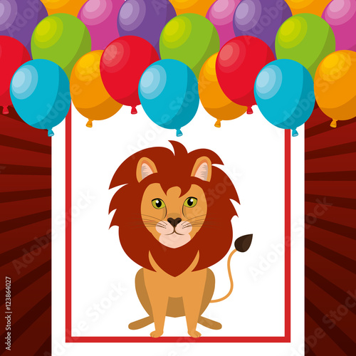 lion animal circus show and balloons icon over red and white background. colorful design. vector illustration