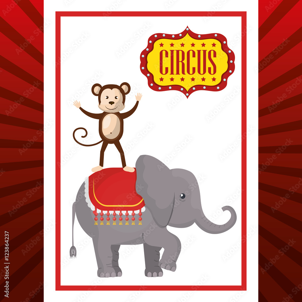 Fototapeta premium happy monkey inside elephant circus festival show icon over red and white background. colorful design. vector illustration