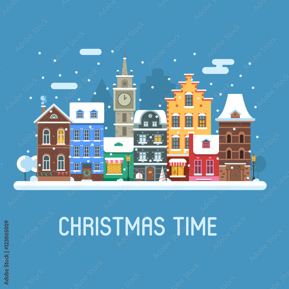Snowy Christmas street flat landscape with colorful european houses and New Year decorations. Christmas europe city winter day background with old town building facades and snowfall.