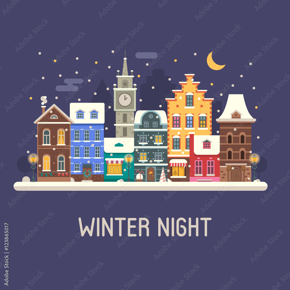 Winter night city background. Snowy Christmas street flat landscape with colorful european houses and New Year decorations. Christmas night europe city winter card with building facades and snowfall.