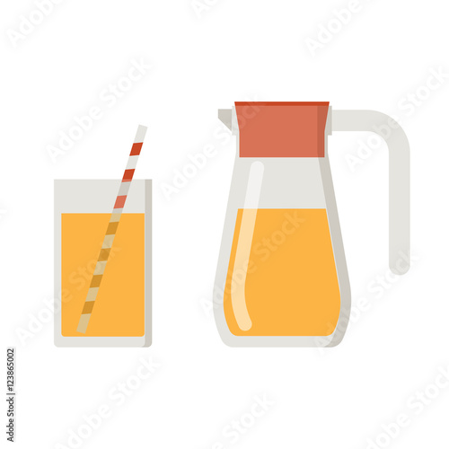 Orange juice jug and straw glass. Jar and mug filled with fruit lemonade drink.
