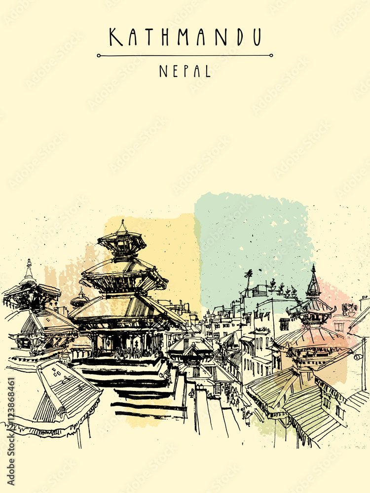 Durbar square. Hindu temples in Basantapur, Kathmandu, Nepal, before earthquake. Travel sketch. Hand drawing. Vintage touristic postcard, poster, book illustration in vector