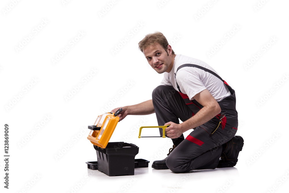Young construction worker wearing coveralls isolated on white Young construction worker wearing coveralls isolated on white
