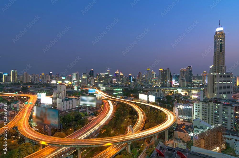 Elevated highway The curve of the bridge in Bangkok cityscape, c