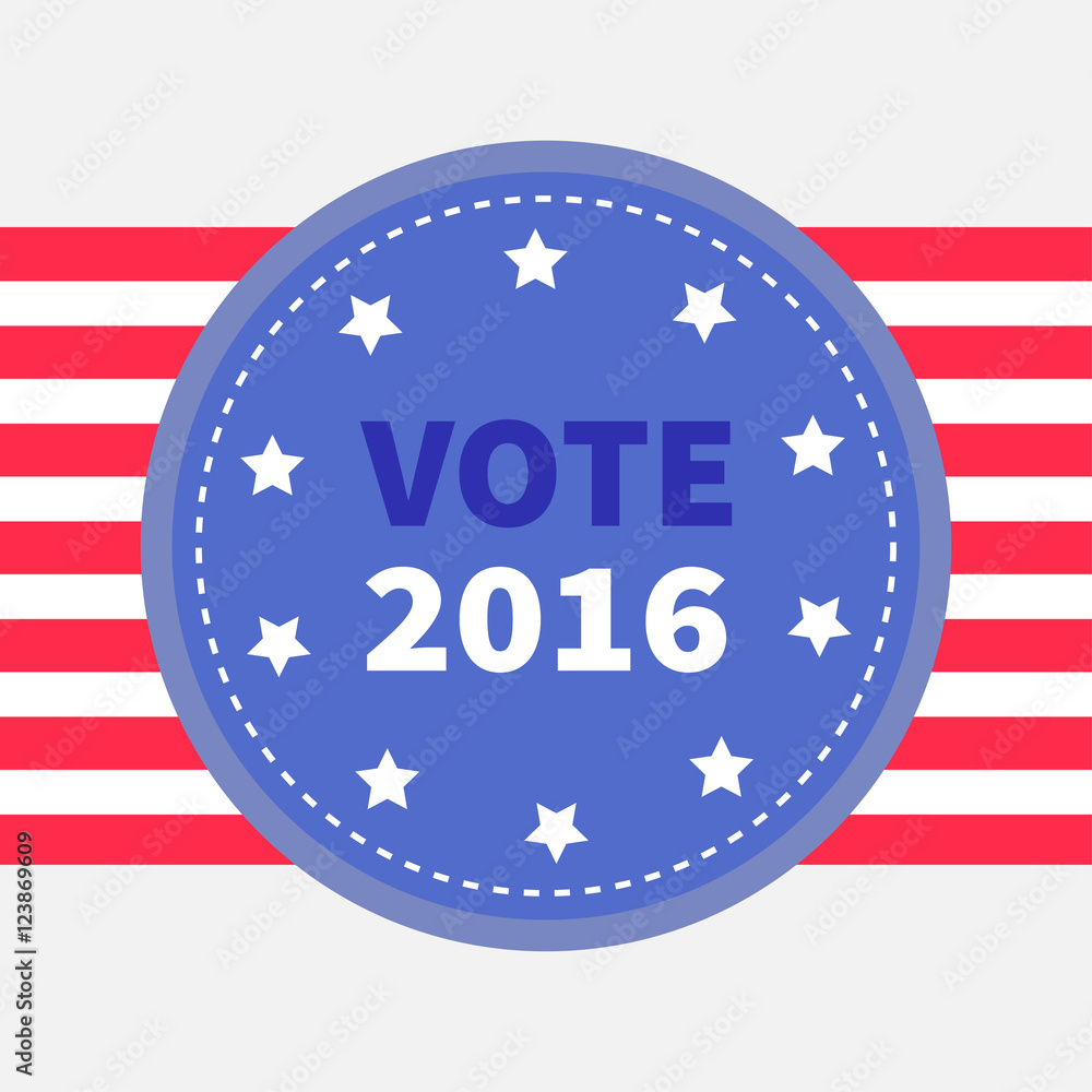 Blue badge with striped ribbon line. Award button icon. Star and strip President election day 2016. Voting concept. American flag. Isolated White background Card Flat design Blue badge with striped ribbon line. Award button icon. Star and strip President election day 2016. Voting concept. American flag. Isolated White background Card Flat design