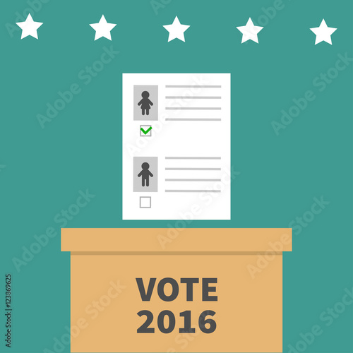 Ballot Voting box with paper blank bulletin Man Woman mark concept. Polling station. President election day Vote 2016. Green background Flat design Card