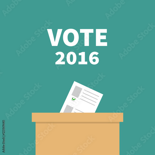Ballot Voting box Paper blank bulletin with green mark concept. Polling station. President election day Vote 2016 white text. Flat design Card