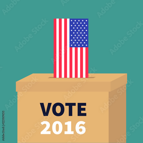 Ballot Voting box with American flag paper blank bulletin concept. Polling station. President election day Vote 2016. Isolated Green background Flat design Card