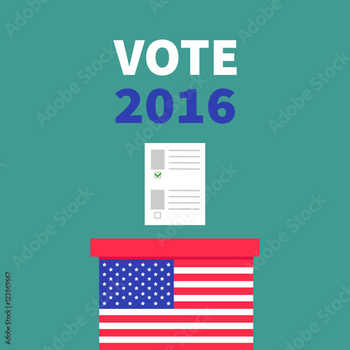 American flag Ballot Voting box with paper blank bulletin concept. Polling station. President election day Vote 2016. Isolated Green background Flat design Card