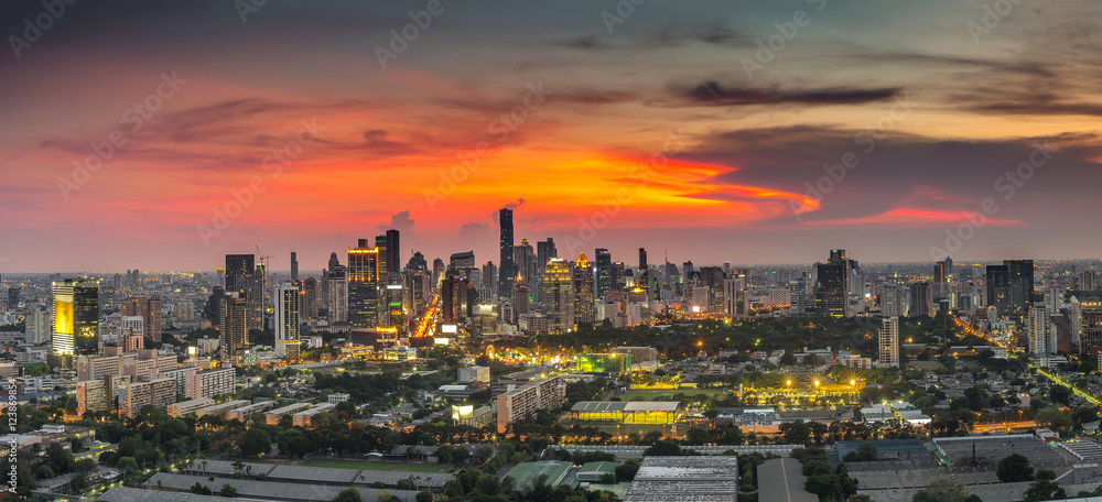 Panorama of bangkok cityscape at twilight time
