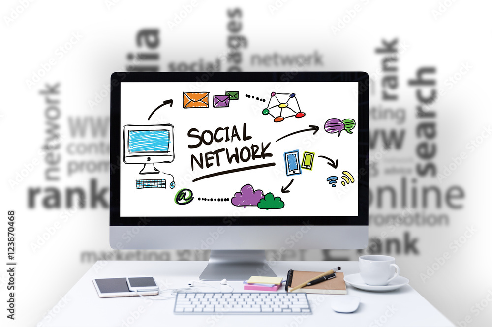 office desk with stationaries. social media concept office desk with stationaries. social media concept