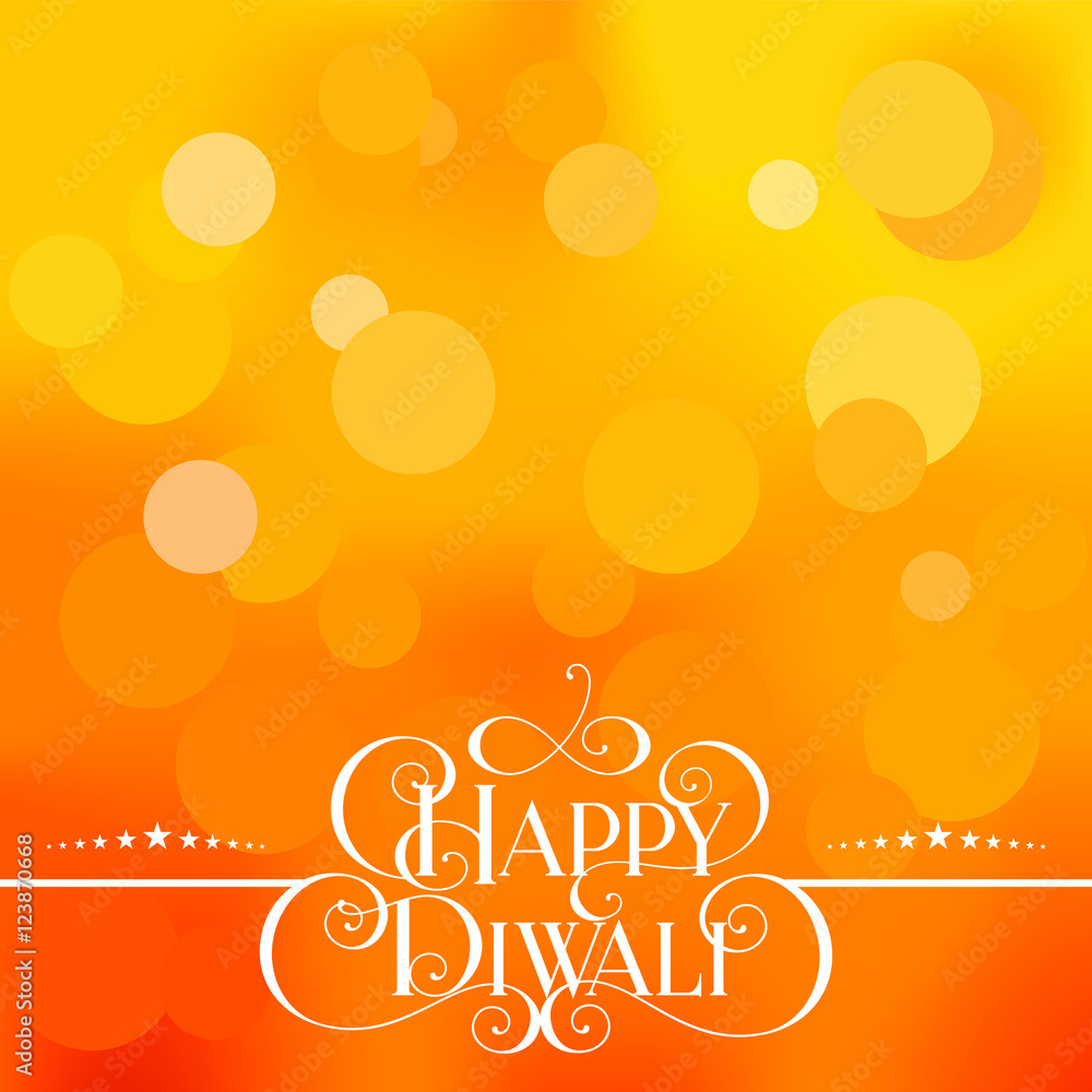 Naklejka premium Happy Diwali. Handwritten modern brush white text Swirl, orange blurred ball background. Beautiful lettering invitation, greeting, posters. Typographic inscription, calligraphic design vector