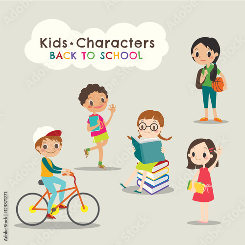 happy children reading books back to school cartoon illustration