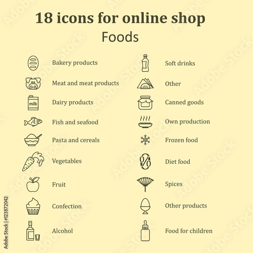Set of icons of different food for the food section in the onlin