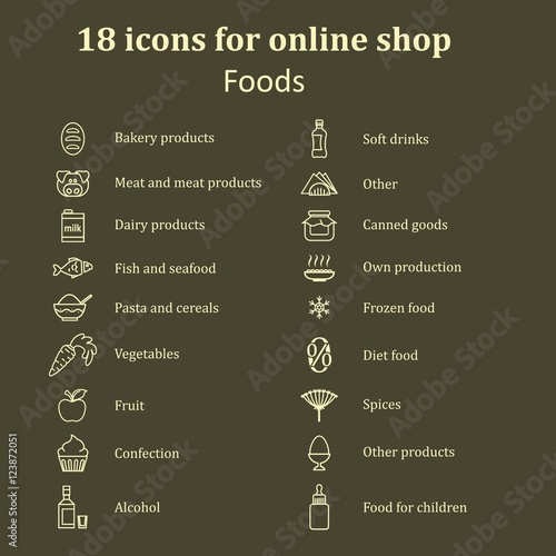 Set of icons of different food for the food section in the onlin