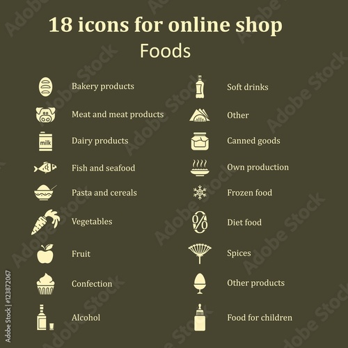 Set of icons of different food for the food section in the onlin