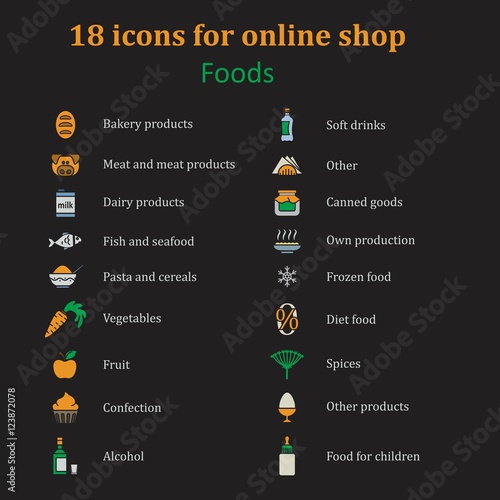Set of icons of different food for the food section in the onlin