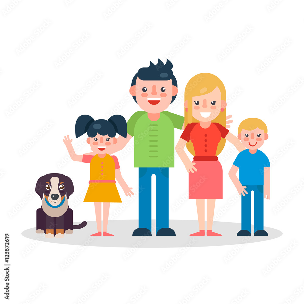 Young parents flat vector illustration. Mother, father, sister and brother with dog on white background. Big family flat illustration. Young parents flat vector illustration. Mother, father, sister and brother with dog on white background. Big family flat illustration.
