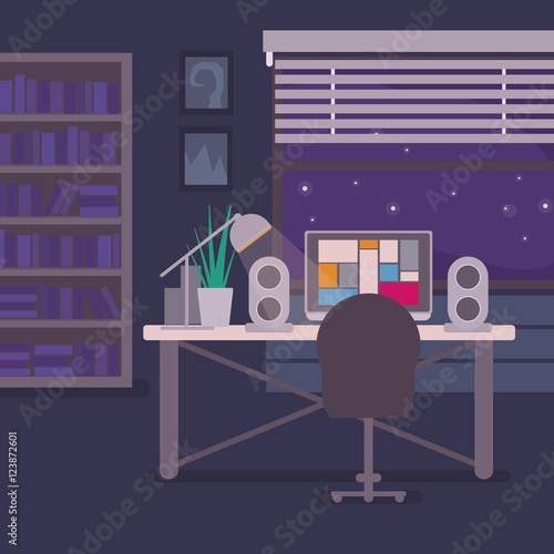 Living room with computer, jalousie and bookshelf. Home workplace of a freelancer. Room background vector illustration.