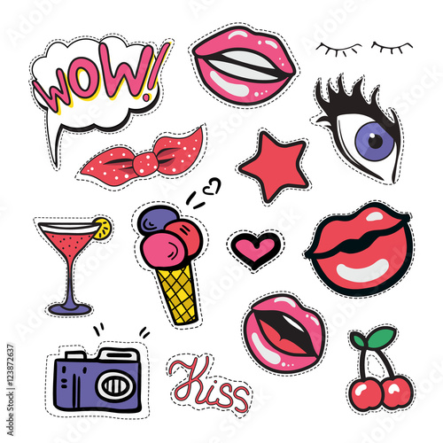 Stickers, patches and handwritten words set. Vector set of fashionable patches. Set of stickers, pins, patches in cartoon 80s-90s comic style.