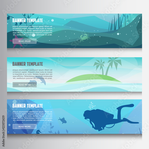 Underwater horizontal banners.Horizontal banners with scenes presents ocean,sea animals,island,diving.Colorful low polygon banner set.Island in the ocean and underwater world with different animals