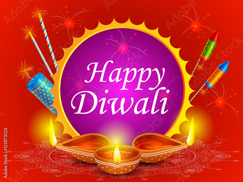 Fire cracker with decorated diya for happy Diwali holiday of India