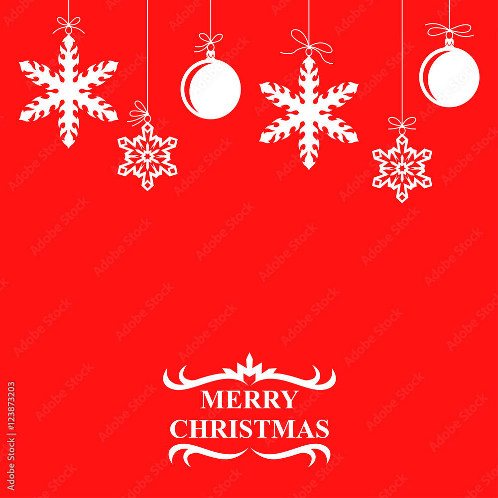 Christmas balls and snowflakes card on red background