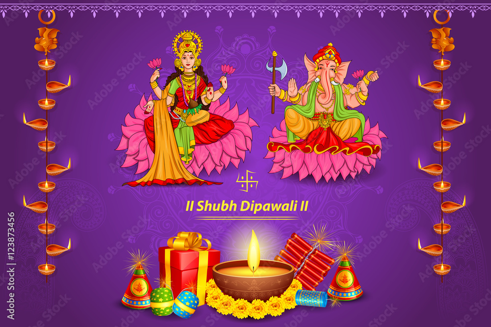 Goddess Lakshmi and Lord Ganesha in Happy Diwali holiday of India