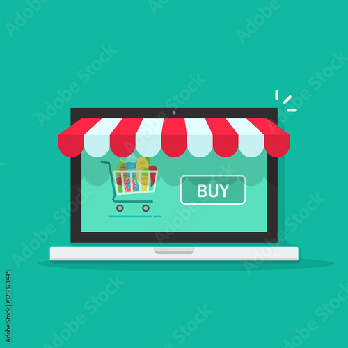 Concept of online shop, e-commerce store, internet shop vector illustration isolated on green color background, laptop as ecommerce online store with shopping cart and buy button