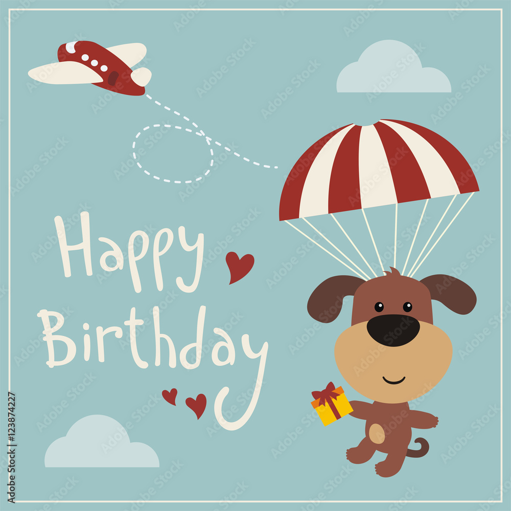 Happy birthday! Funny puppy dog flying on parachute with gift. Сard in cartoon style. Stock Vector | Adobe Stock Happy birthday! Funny puppy dog flying on parachute with gift. Сard in cartoon style. Stock Vector | Adobe Stock