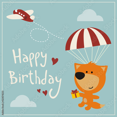 Happy birthday! Funny fox flying on parachute with gift. Сard in cartoon style.
