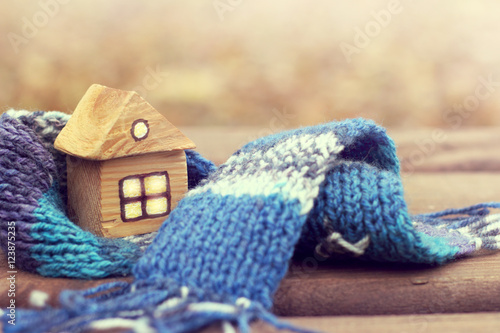  property insurance/ small wooden house in a warm blue scarf 