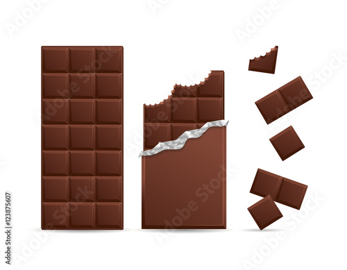 Realistic Chocolate Bar Bitten with Pieces. Vector