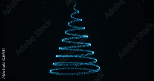 Growing christmas tree from glowing particles with falling snowflakes on dark background