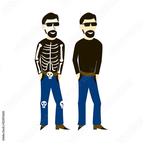 Man in casual clothes and dressed up in a skeleton costume at the Mexican holiday Day of the Dead
